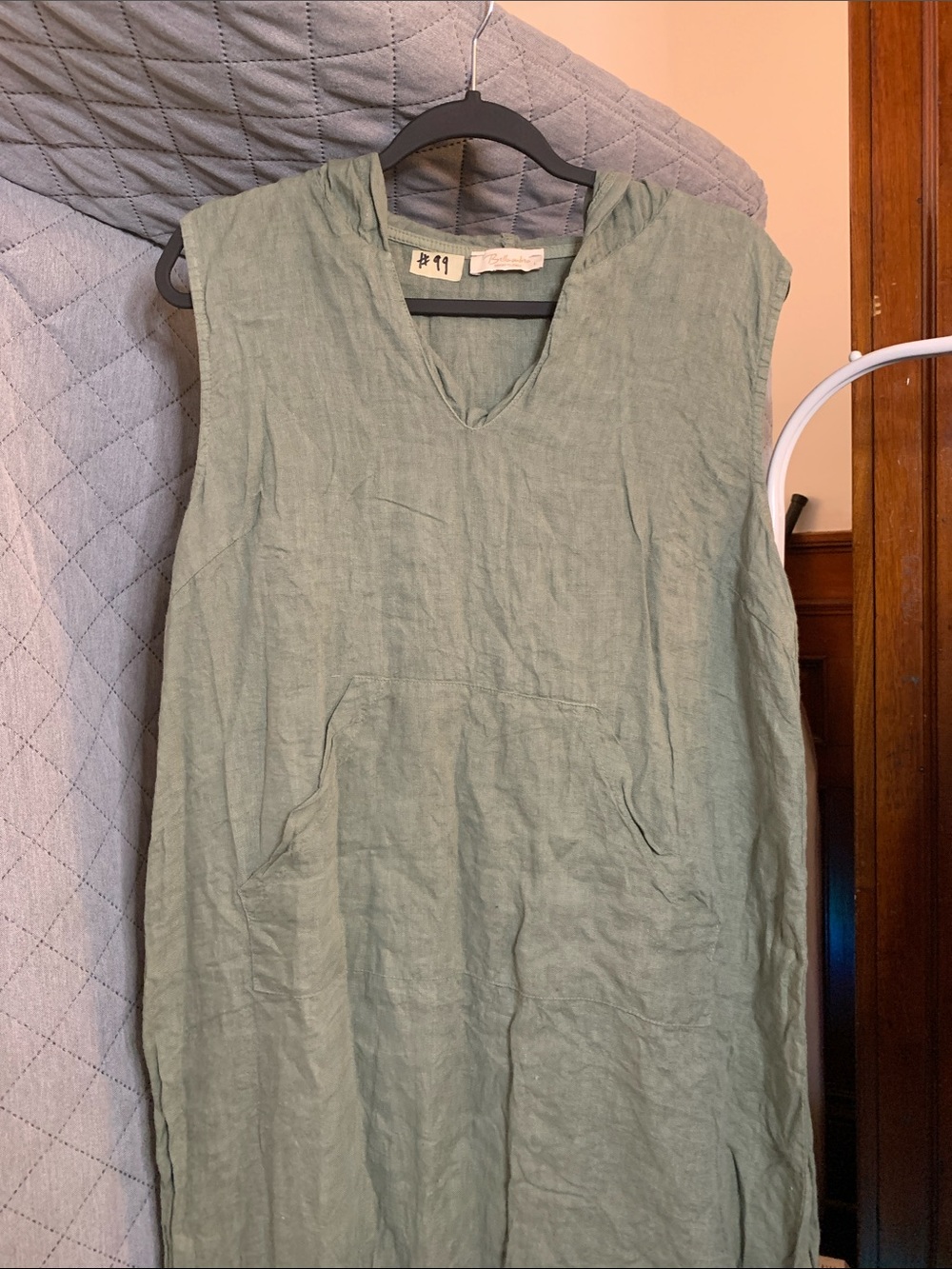 Sleeveless Maxi Linen Dress with Front Pouch Pocket in Sage Green